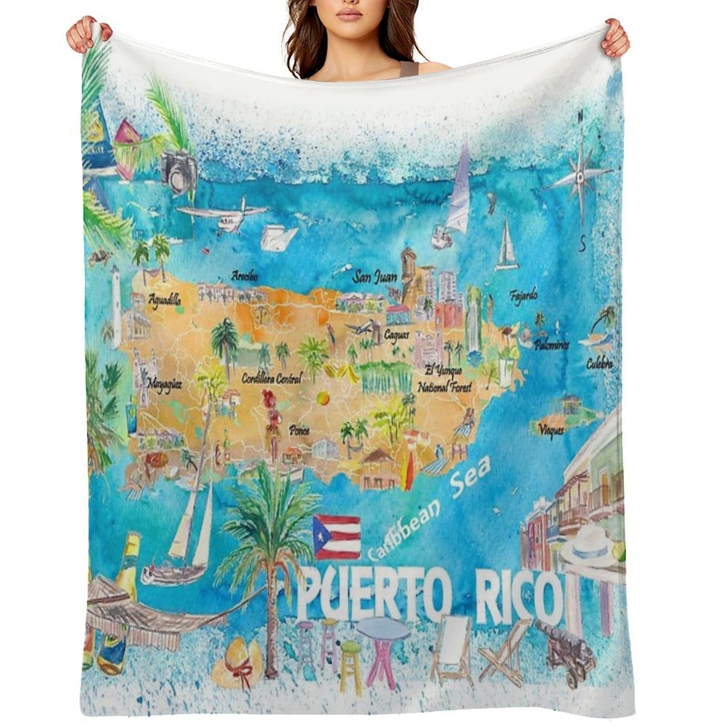Puerto Rico Islands Illustrated Travel Map with Roads And Highlights Shrink-resistant Throw Blanket