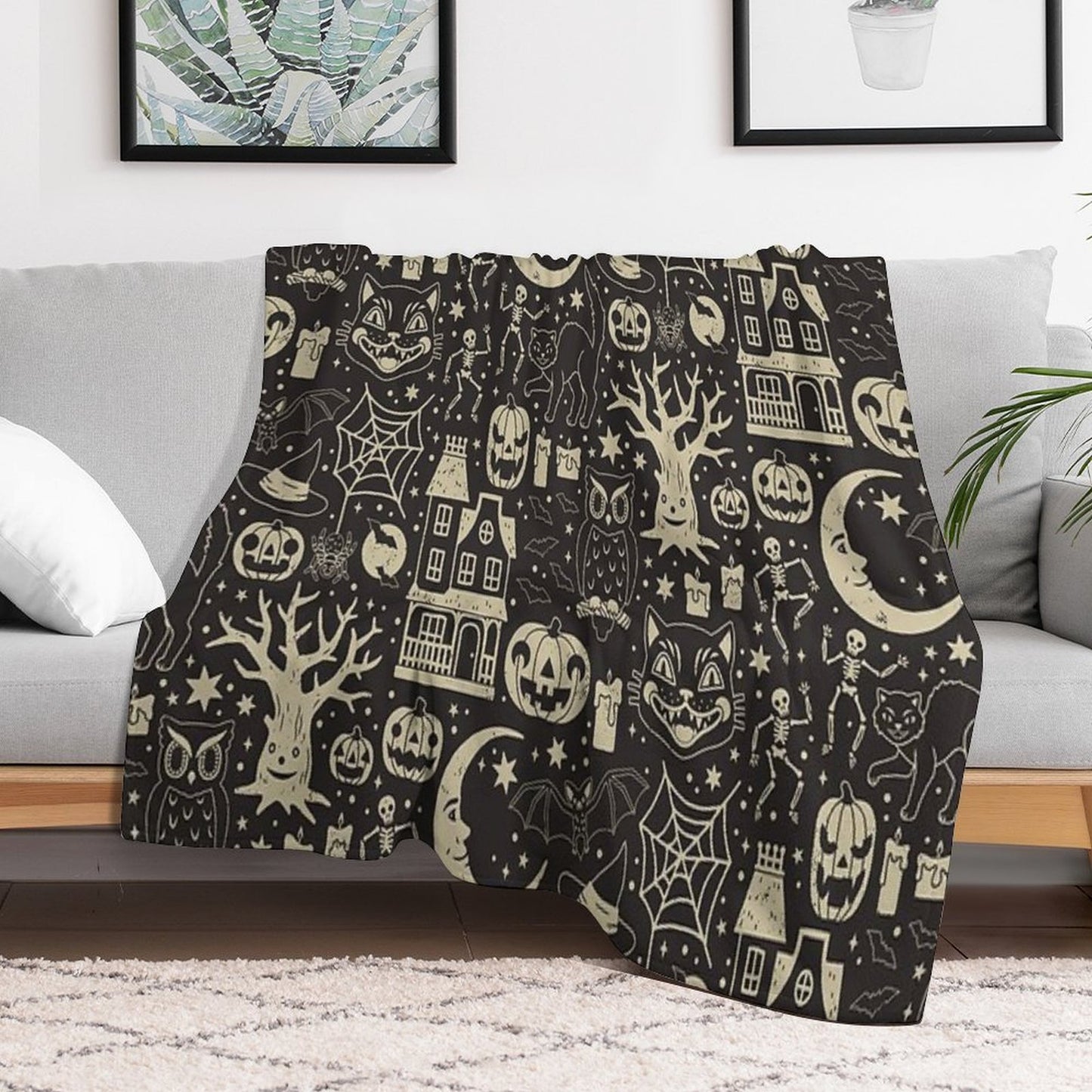 Vintage Halloween Black Cat Easy Care Throw Blanket