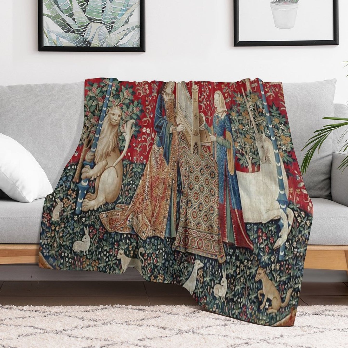 Lady And Unicorn Medieval Tapestry Five Senses - Hearing Eco-conscious Throw Blanket