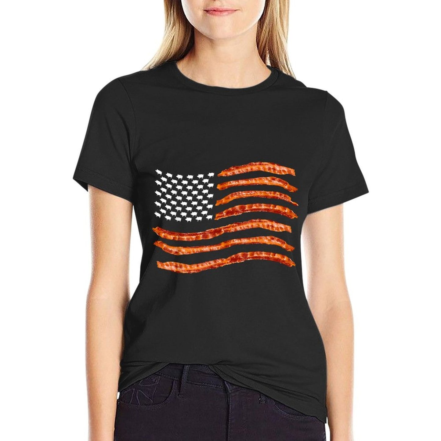 USA Bacon Cute US Dried Pigs Funny 4th Of July Gift Summer-ready Fabric T-Shirt