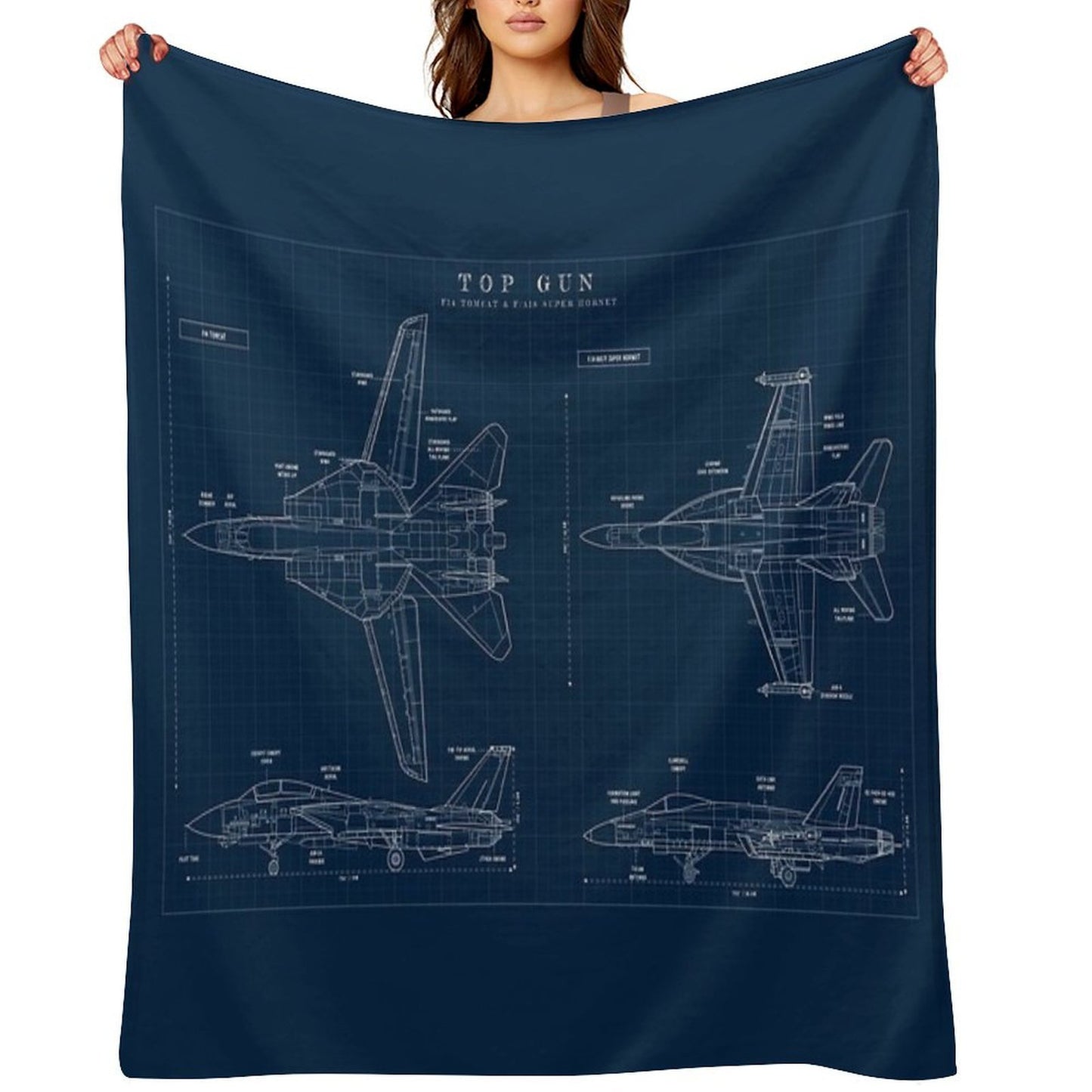 TOP GUN F14 Tomcat Vs FA18 Super Hornet (Navy Blueprint) Sustainable Throw Blanket