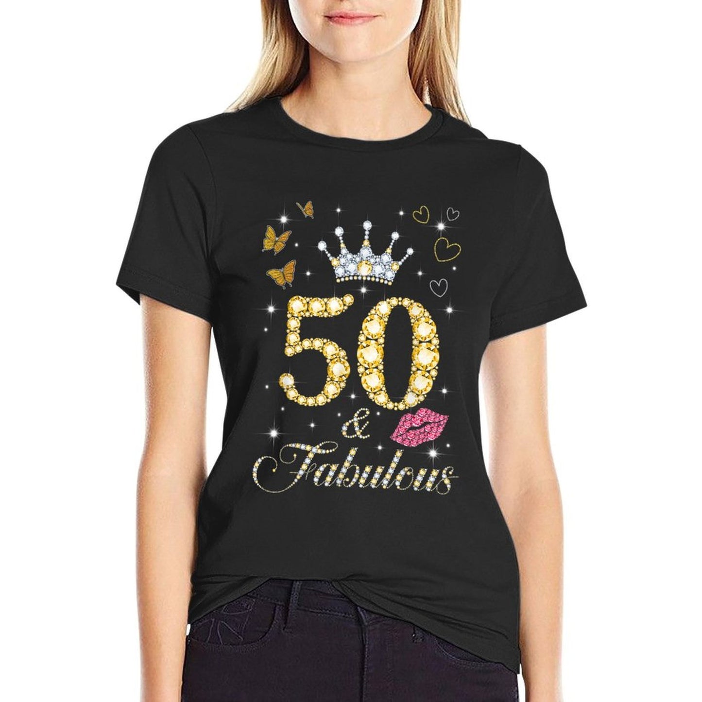 Vintage Happy 50 And Fabulous Crown Heart Lip 50th Birthday Tagless Design T-Shirt
