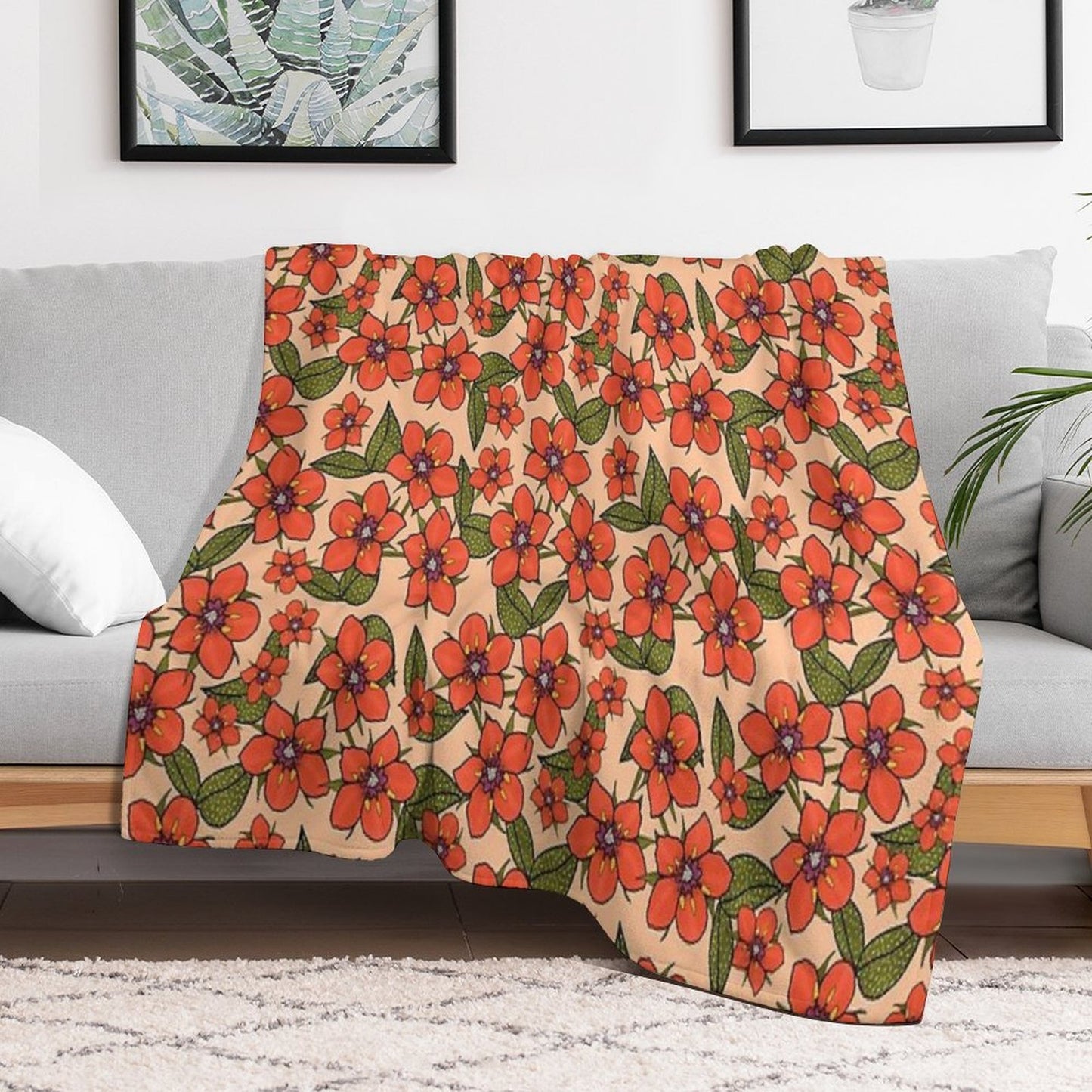 Scarlet Pimpernel Floral Design, Red And Purple Flowers with Green Leaves on A Peach Fuzz Background Easy Care Throw Blanket