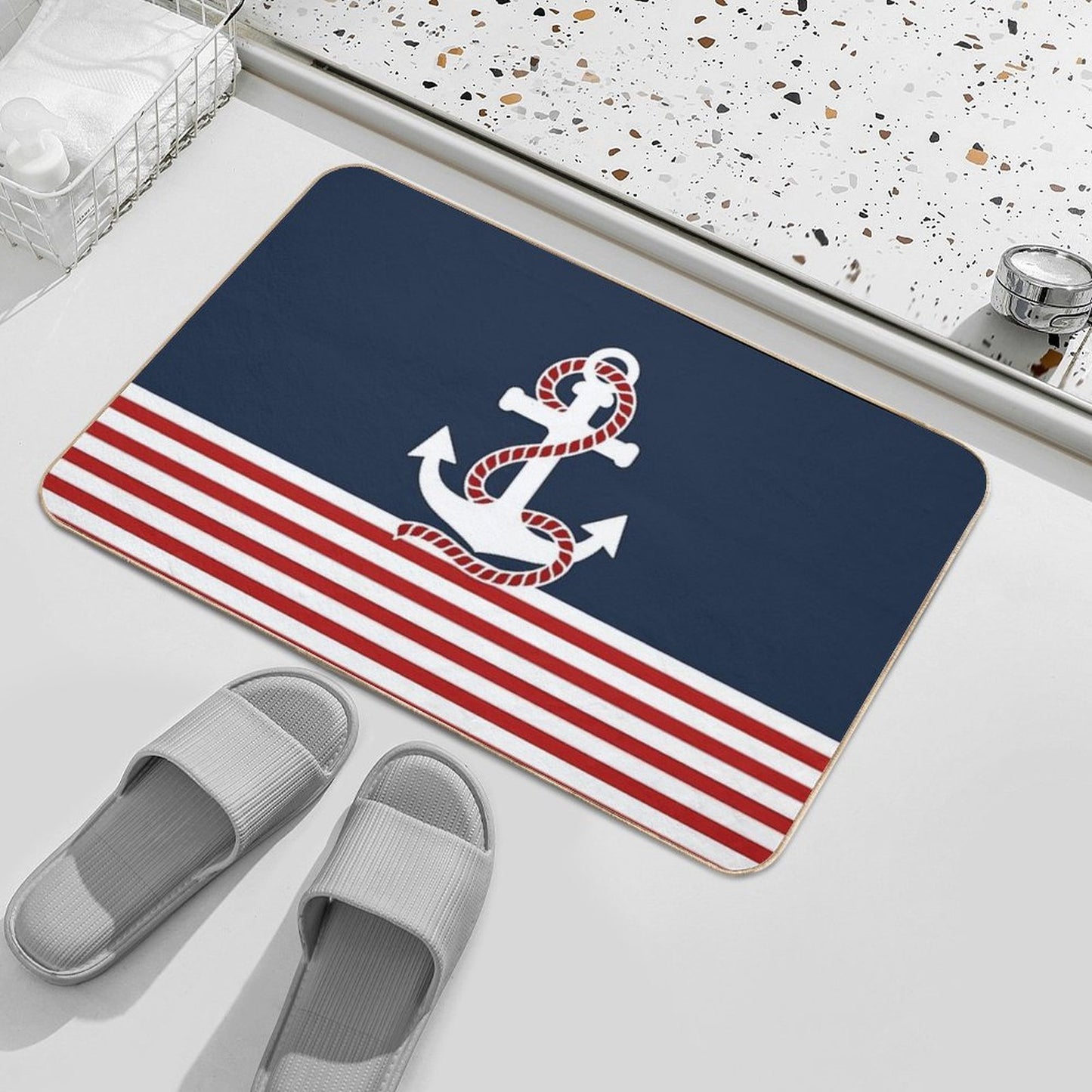 Nautical Red White Stripes And Red Anchor on Blue Background Odorless Bath Mat