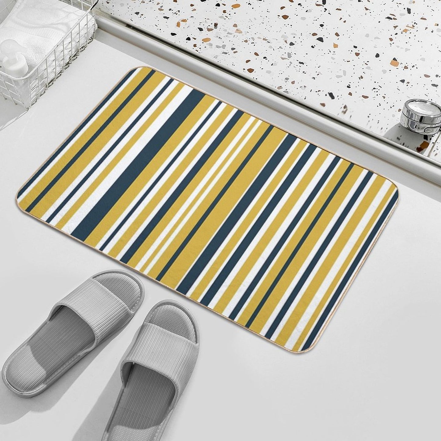 Mustard Yellow Navy Blue And White Stripes Minimalist Color Block Pattern Durable Bath Mat