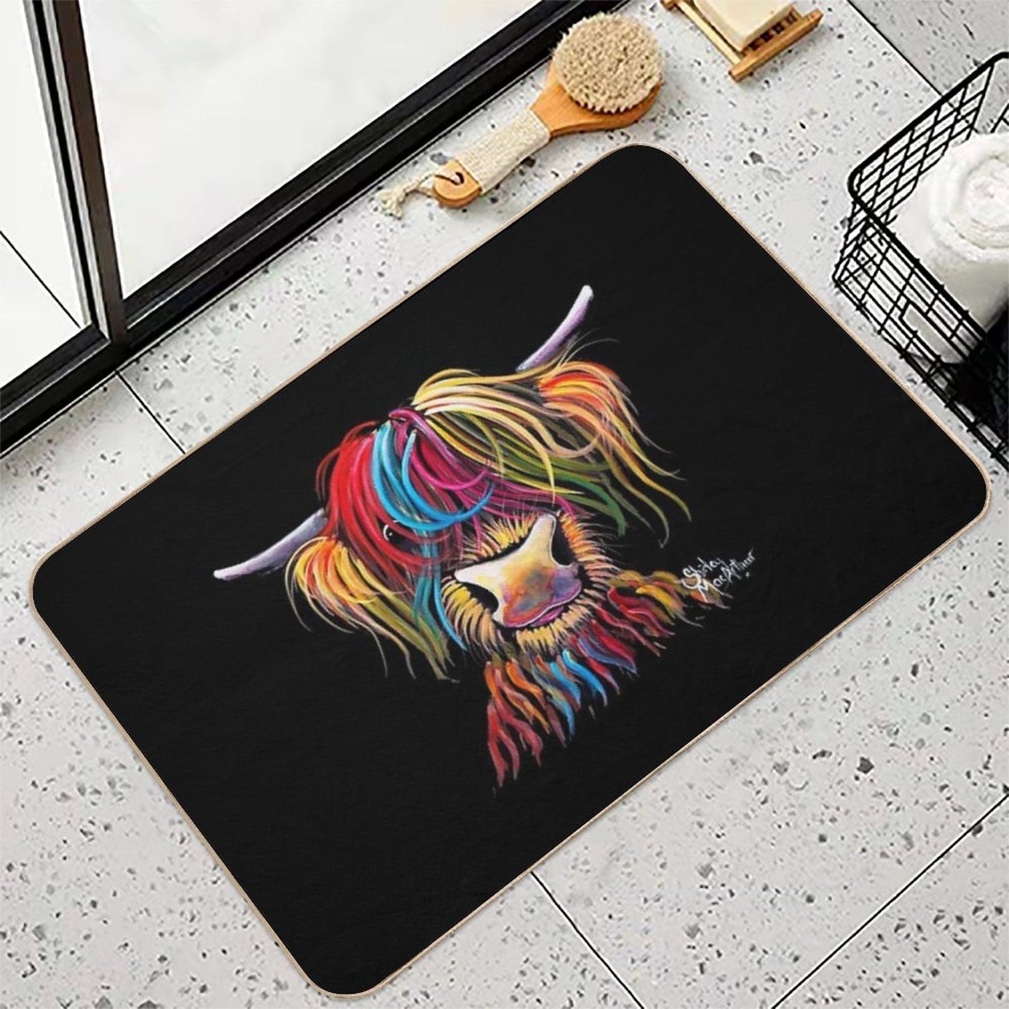Scottish Hairy Highland Cow ' NELLY ' by Shirley MacArthur Easy To Clean Bath Mat