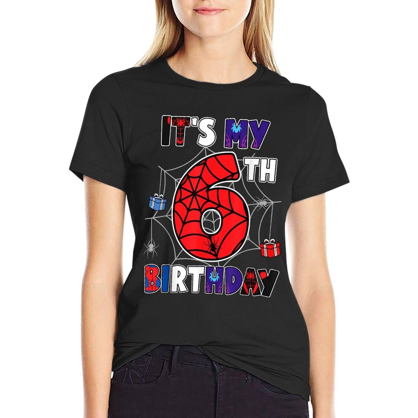 Kids It's My 6th Birthday Spider Theme Party 6 Year Old Fade-proof Color T-Shirt