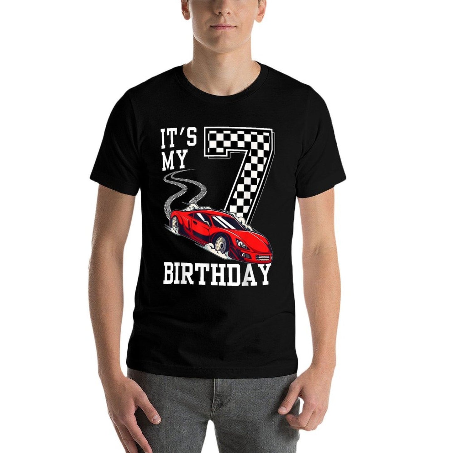 Kids It's My 7th Birthday Boys 7 Seven Racing Car Race Ribbed Collar T-Shirt