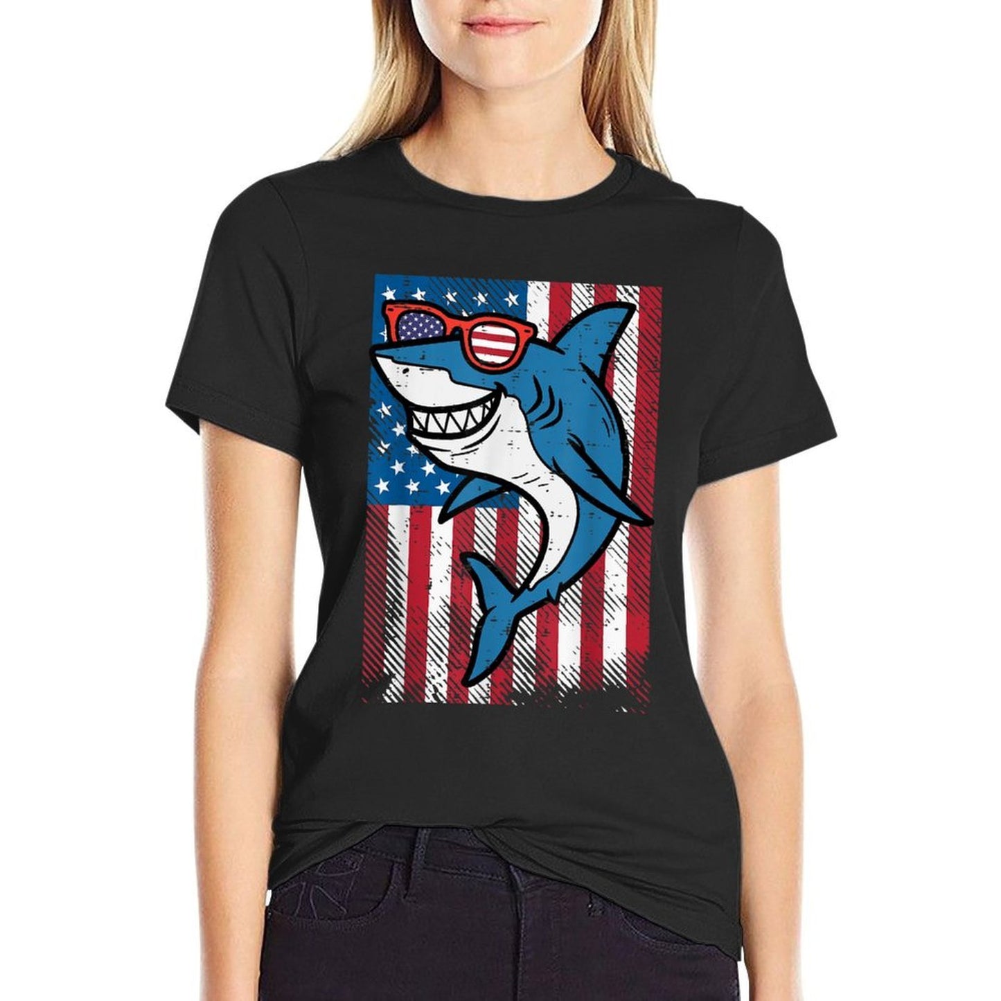 4th July Shark US Independence Day America Men Boys Kid Cotton T-Shirt