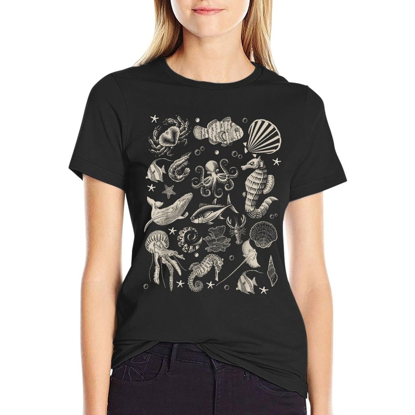 Vintage Ocean Wildlife Shark Turtle Octopus Stretchy T-Shirt