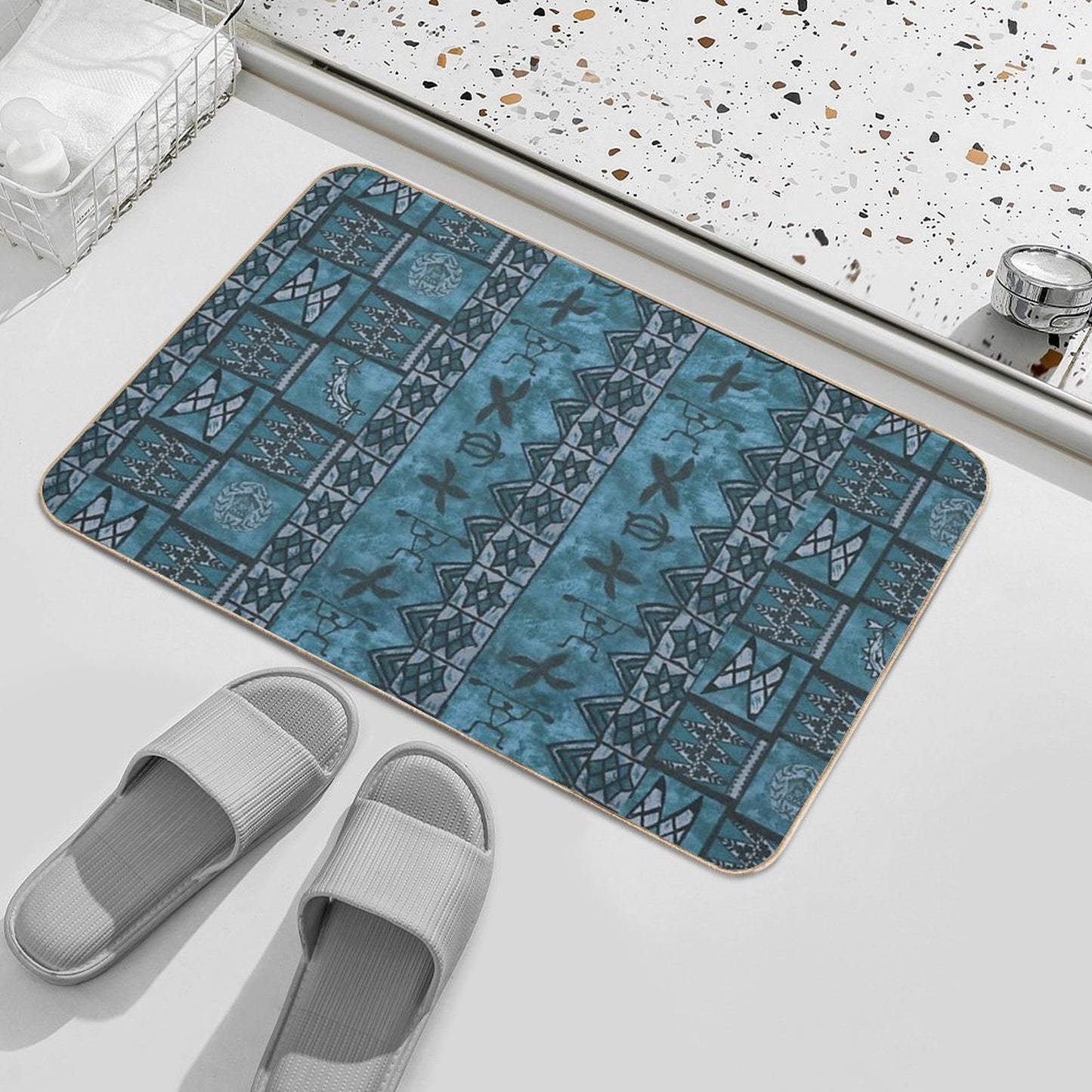 Vintage Hawaiian Tapa Ocean Blue High-Traffic Bath Mat