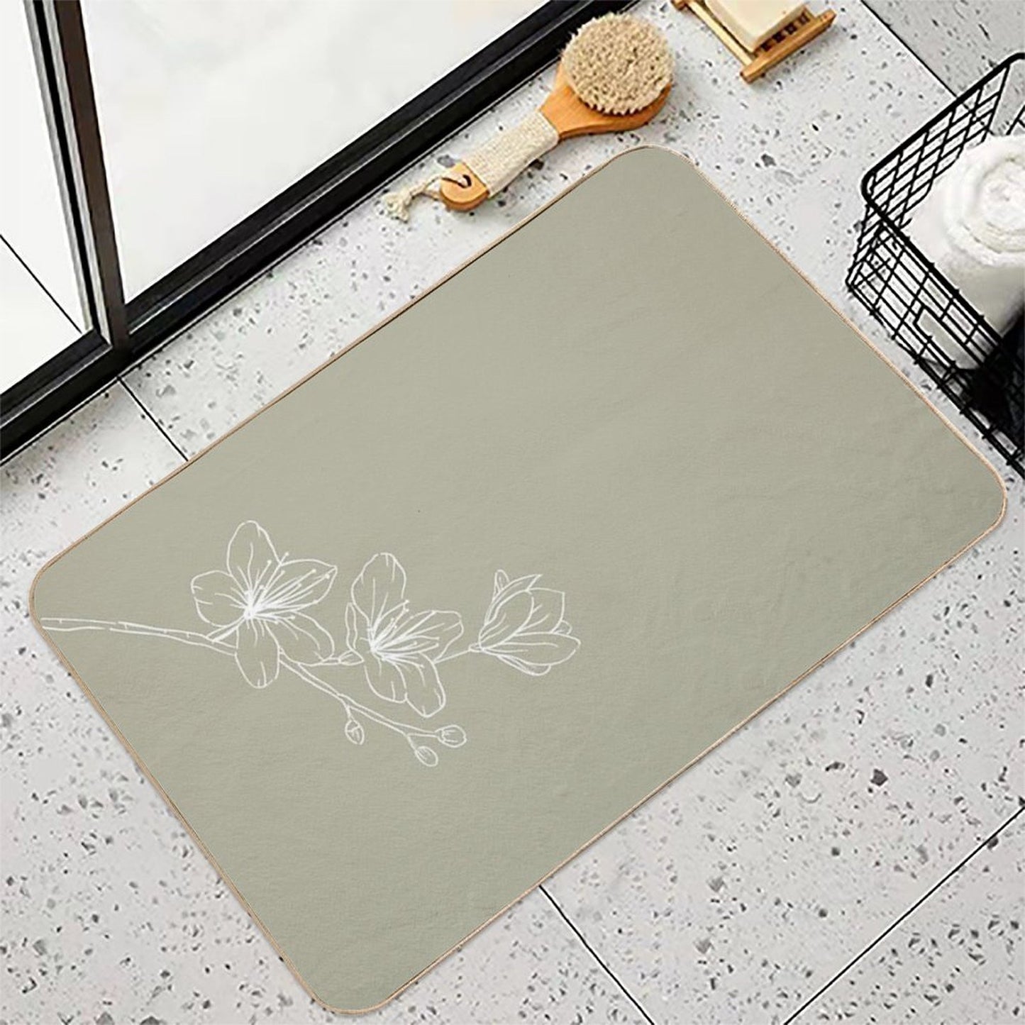 Minimal Flower Print Green Fade-Resistant Bath Mat