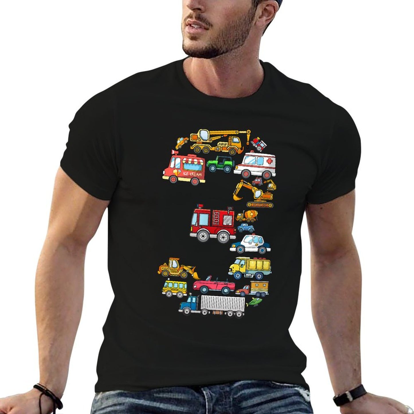 3rd Birthday 3 Year Old Transportation Cars Fire Truck Polyester Blend T-Shirt