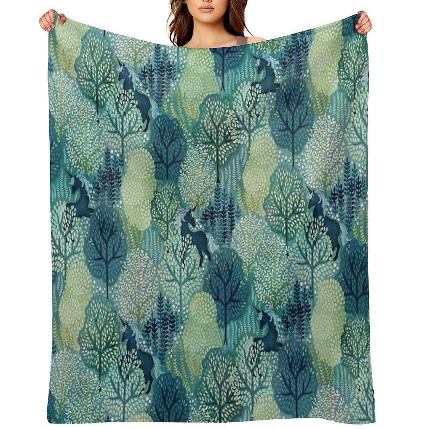 Hidden Unicorn Woods in Shades of Green Watercolor Eco-conscious Throw Blanket