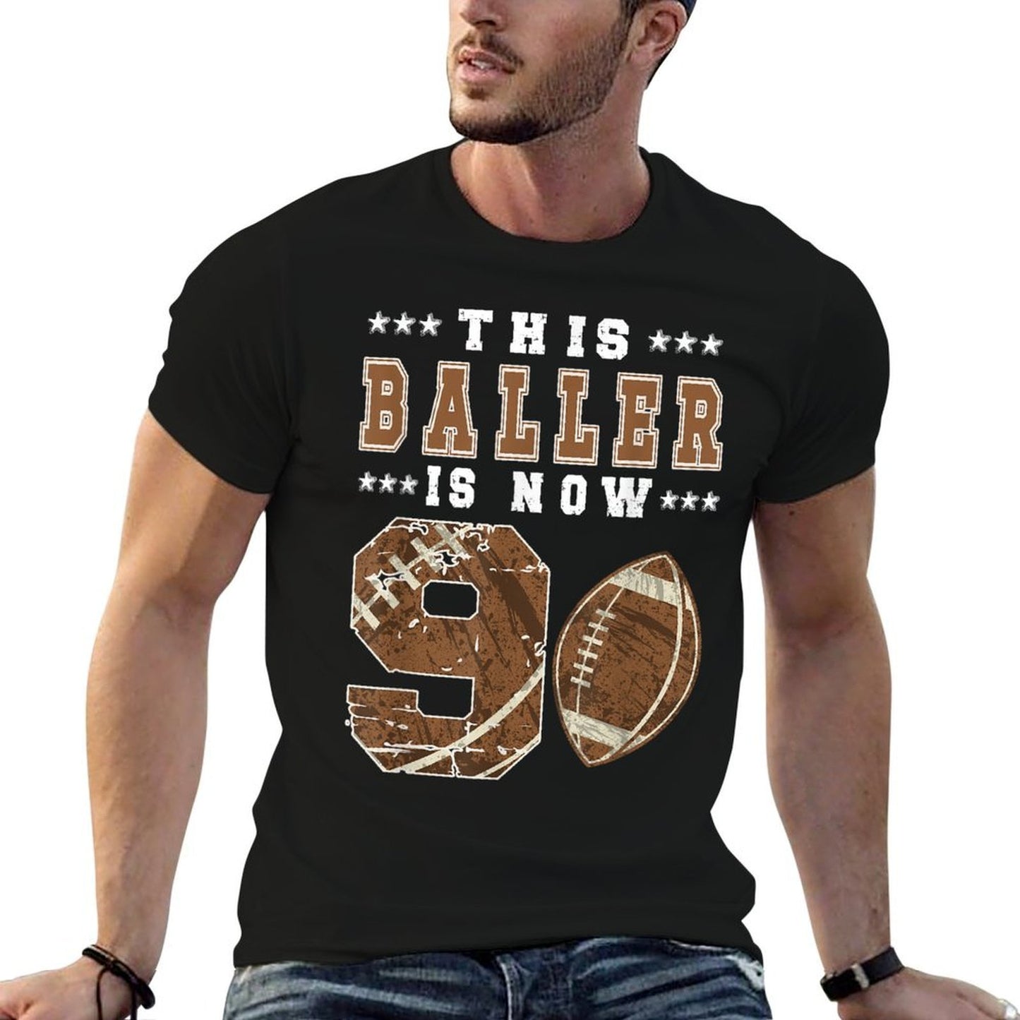 9th Birthday Football Boy Nine Year Old Football Player Cotton T-Shirt
