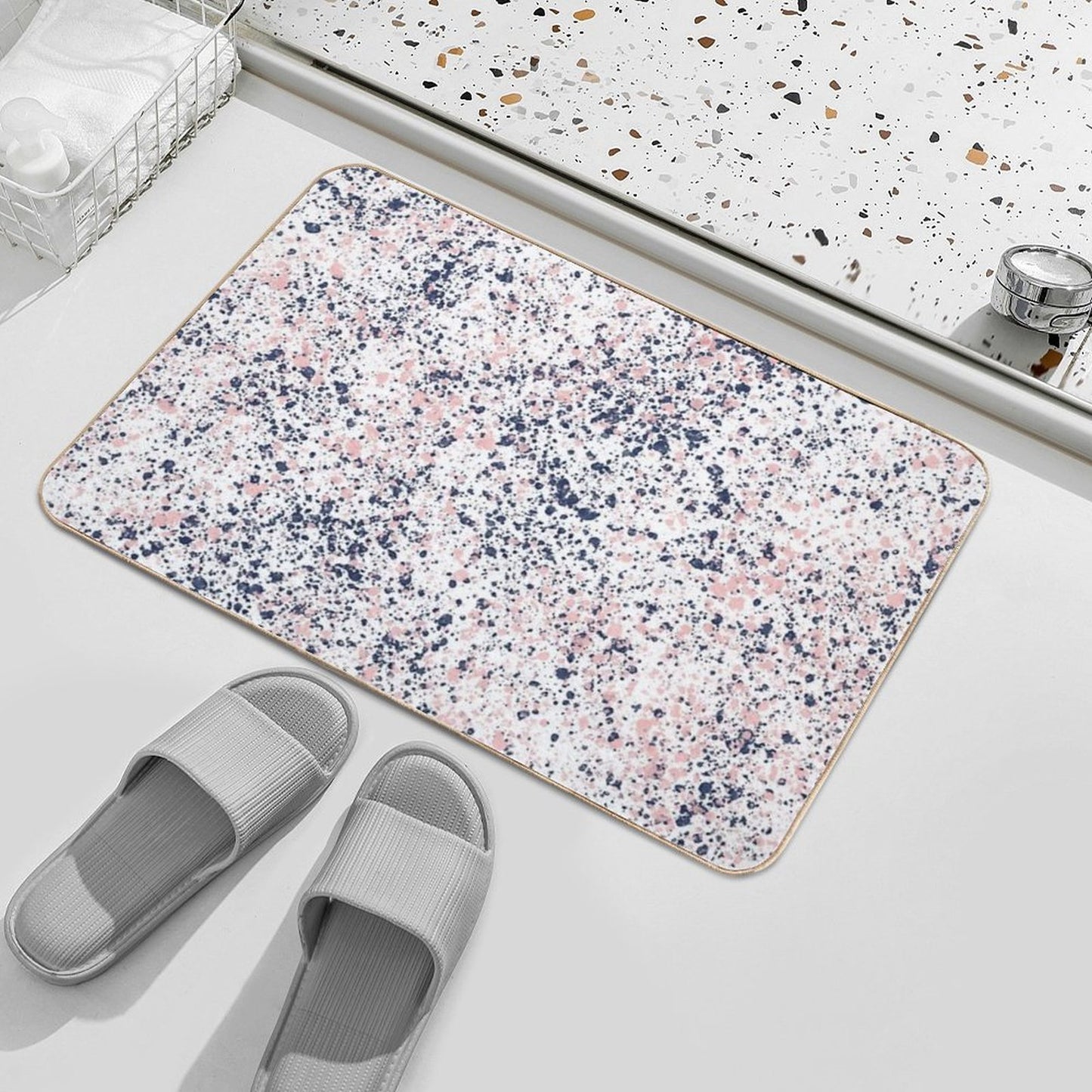 Navy Blue And Blush Pink Ink Spatter on White Fade-Resistant Bath Mat