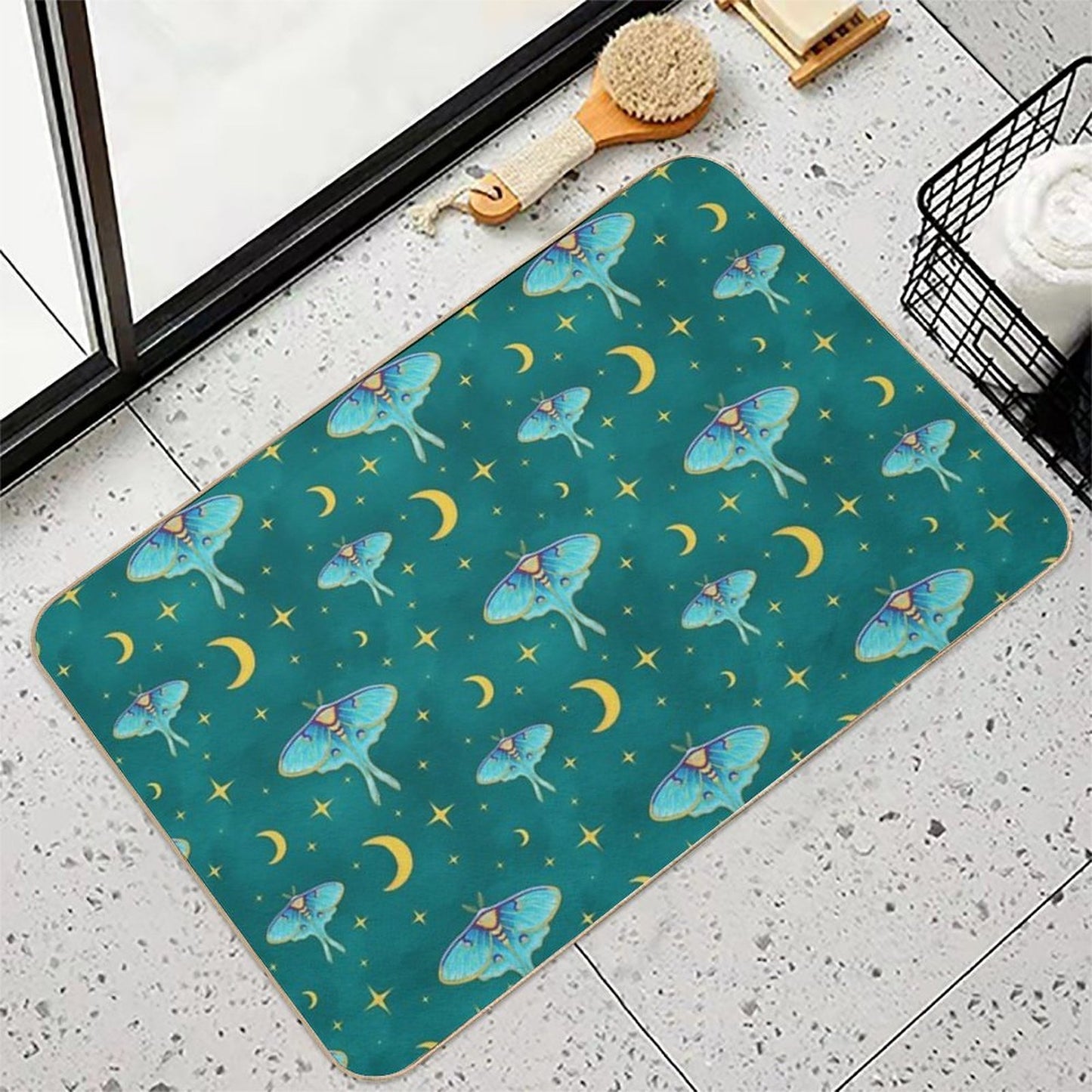 Celestial Luna Moth with Moons & Stars Teal Repositionable Bath Mat