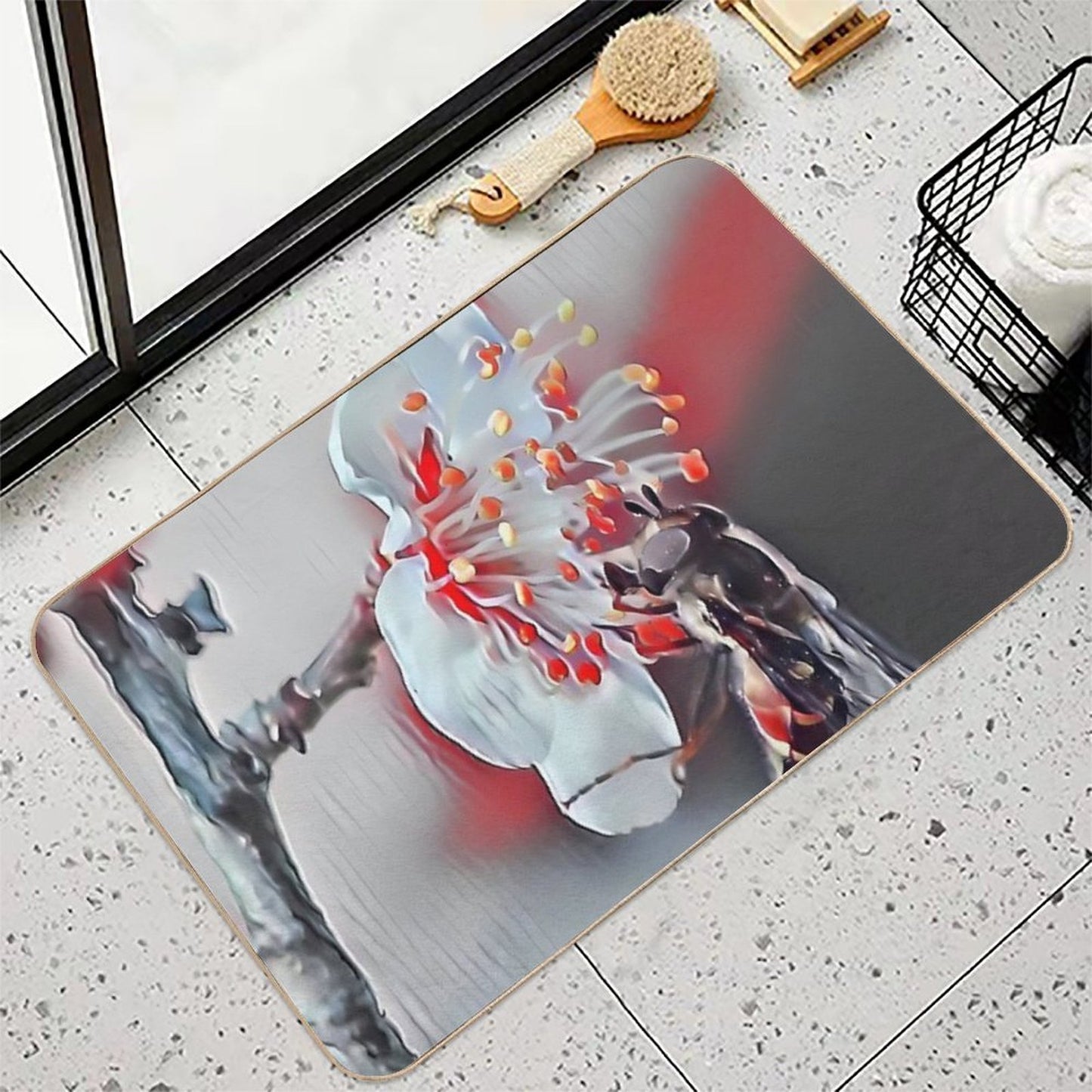 9 Buzz & Blossom Beauties Bee on White Flower Nature Art for Floral Lovers Pet-Safe Bath Mat