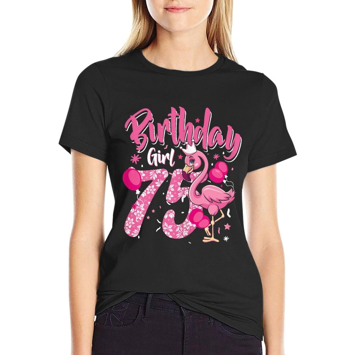 75th Birthday Gift Flamingo Fan 75 Year Old Women 75th Bday Heathered Texture T-Shirt