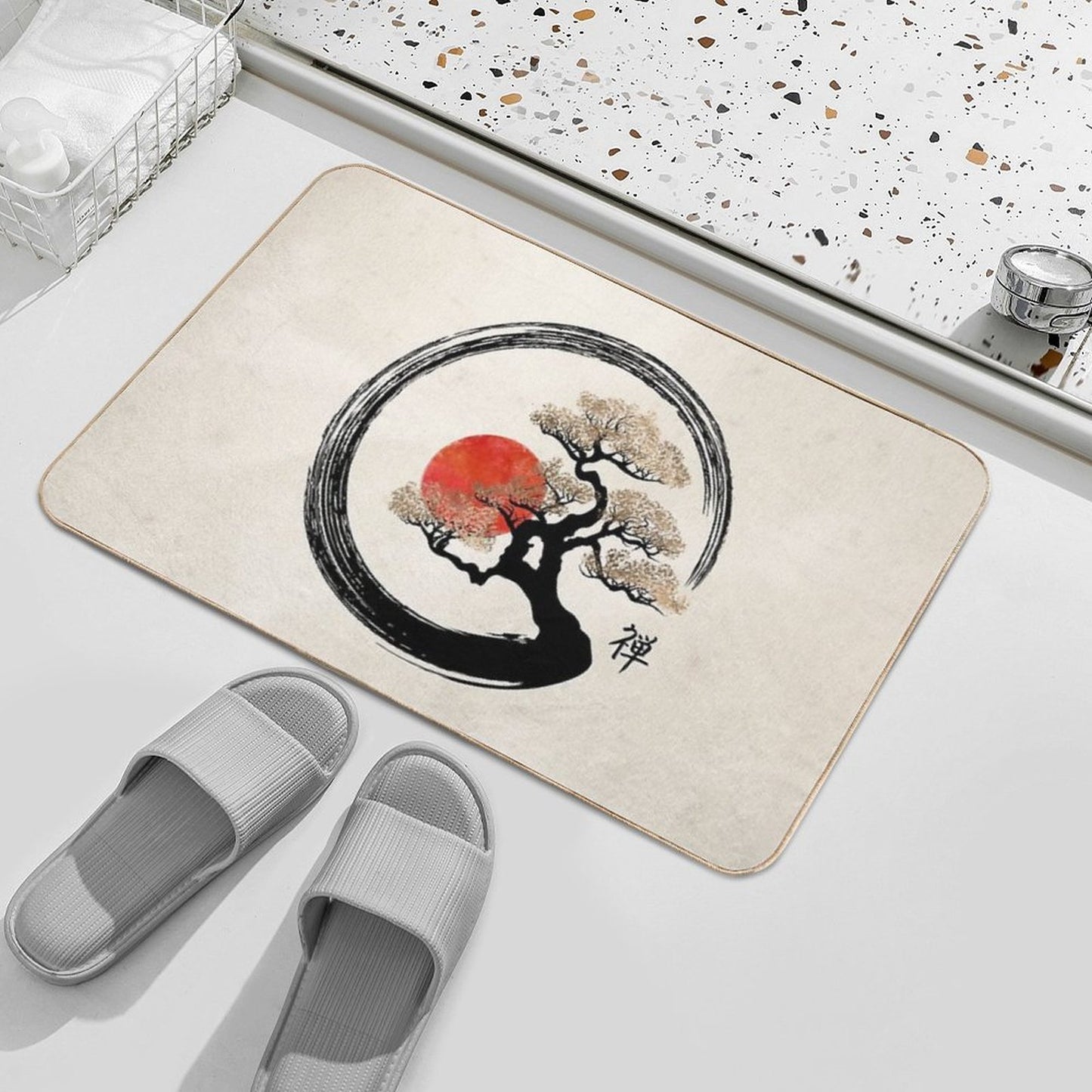 Enso Circle And Bonsai Tree on Canvas  Fade-Resistant Bath Mat