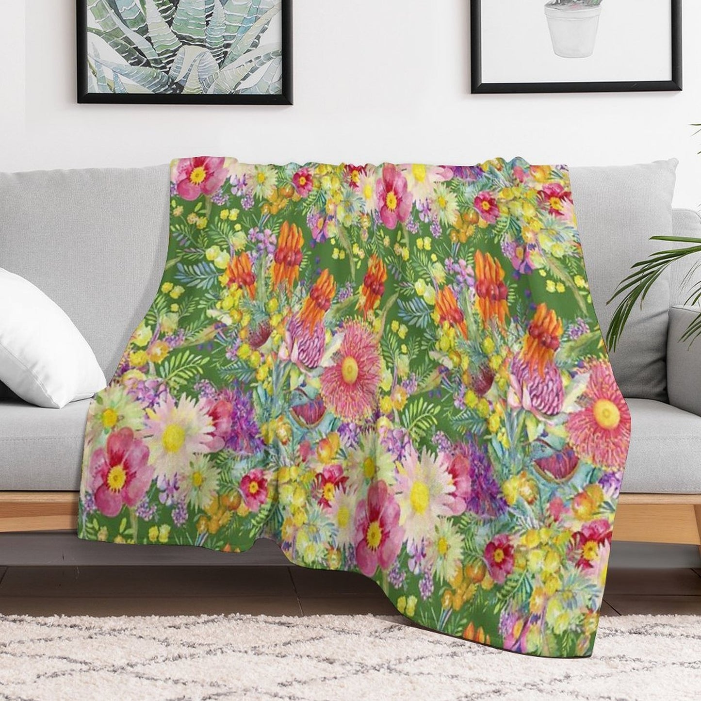 Australian Wildflowers Summer Green Machine-washable Throw Blanket