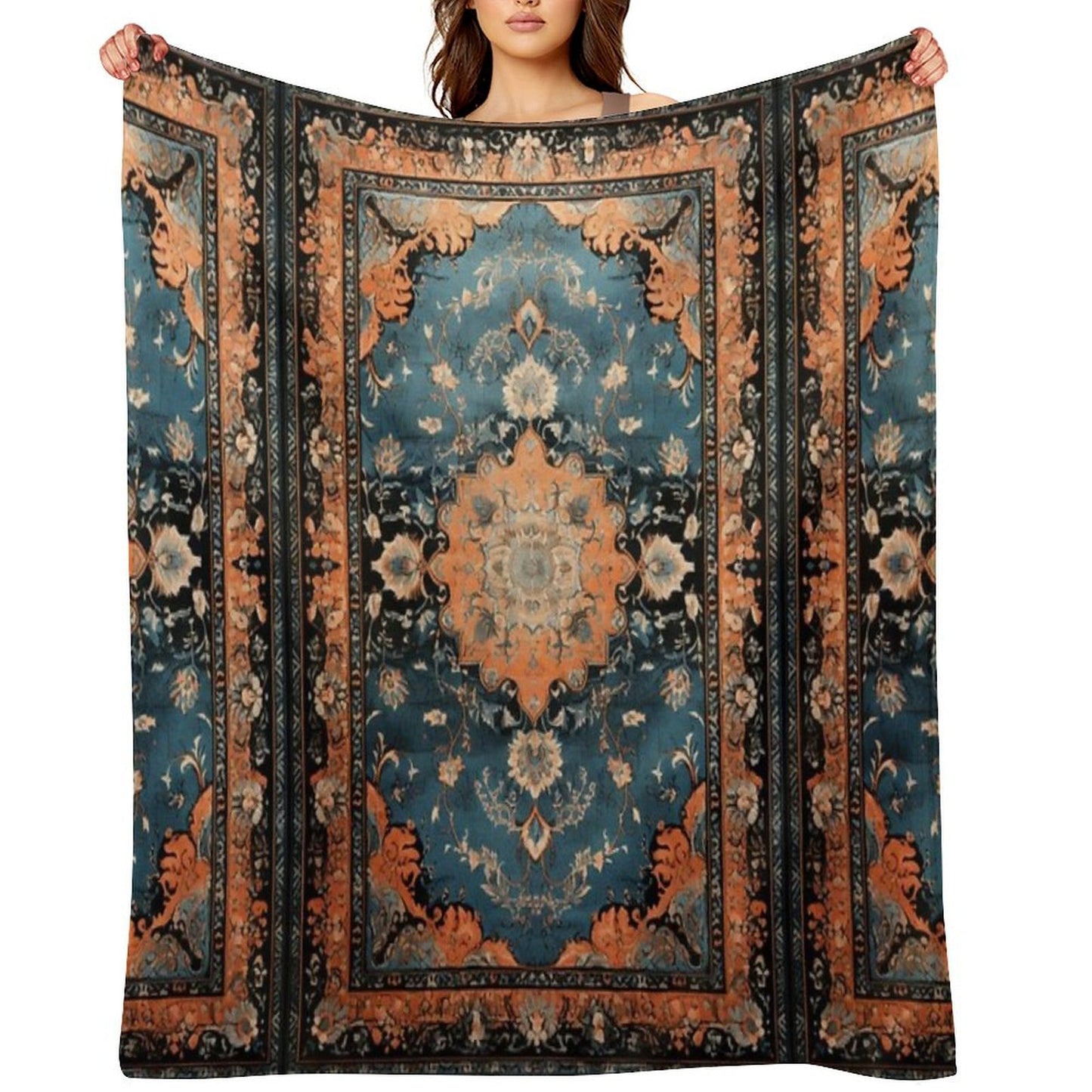 Orange Dark Azure Persian Carpet Machine-washable Throw Blanket