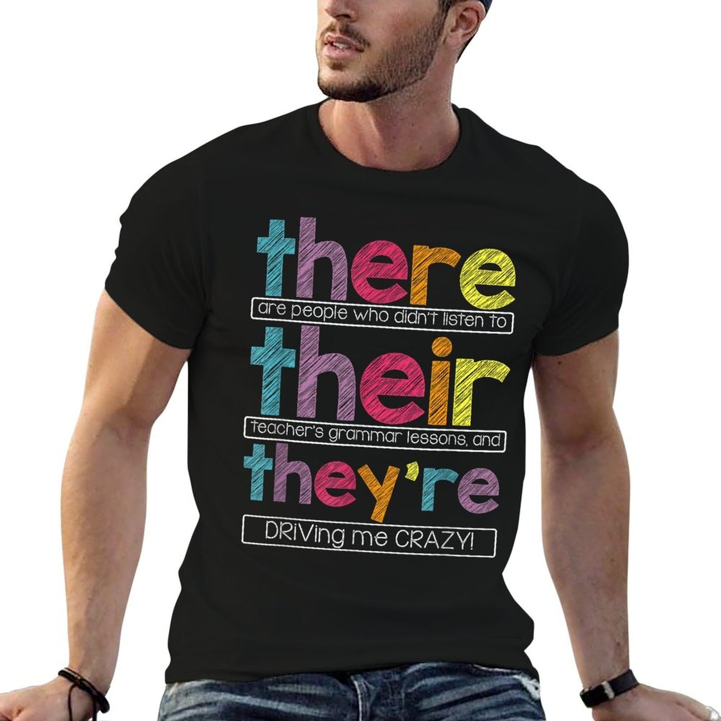 There Their Theyre English Grammar Teacher Funny Humor Ribbed Collar T-Shirt