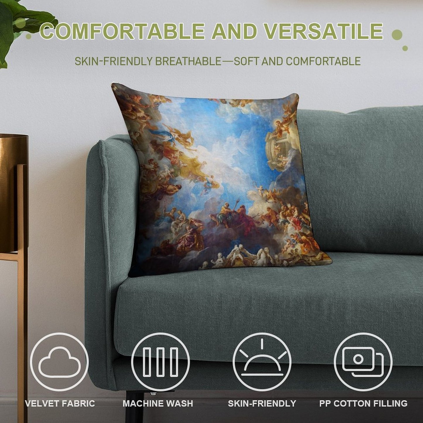 Ceiling Painting in Hercules Room of The Chateau De Versailles - France Soft Decorative Cover Throw Pillow