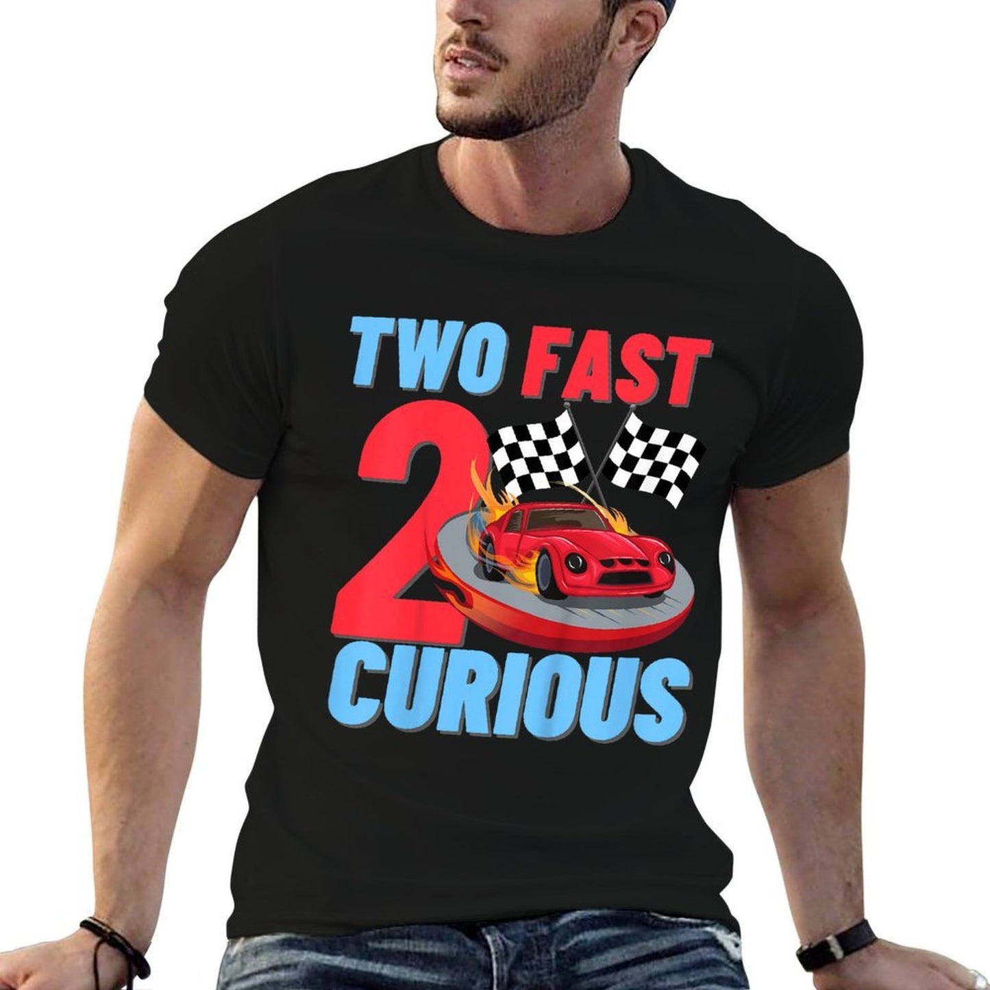 Two Fast 2 Curious Racing Car 2nd Birthday Party Boys Girls Graphic-printed T-Shirt