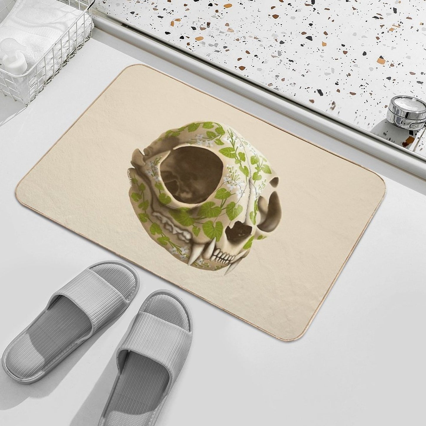 Cat Skull Decorated with Wasabi Flowers Non-Slip Bath Mat