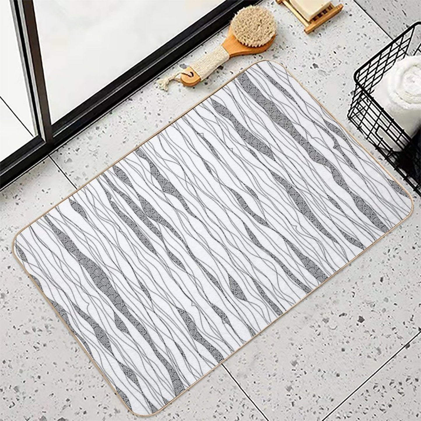 Black And White Wavy Art Lines with Nautical Elements Fade-Resistant Bath Mat