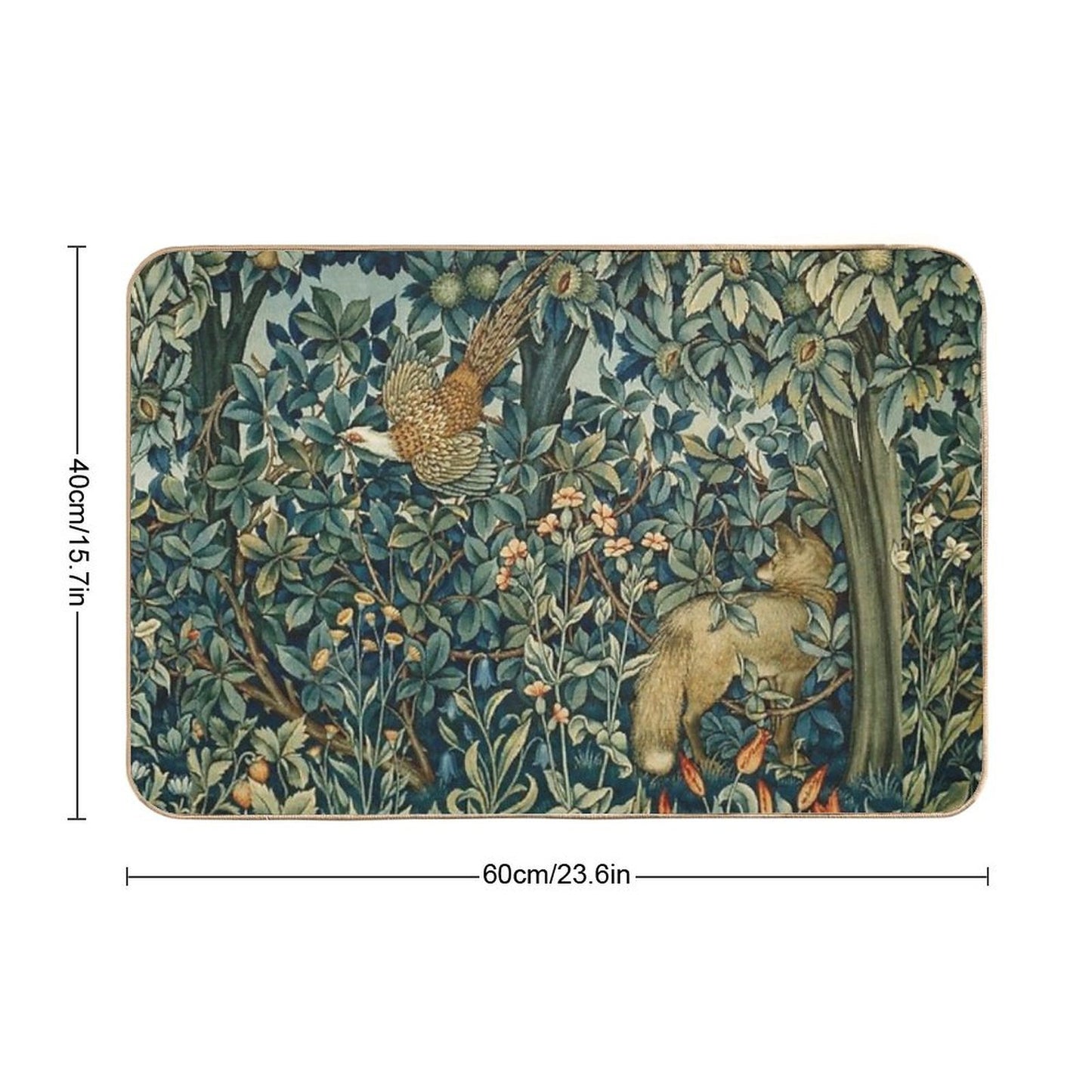GREENERY, FOREST ANIMALS Pheasant And Fox Blue Green Floral Tapestry Dirt-Trapping Bath Mat