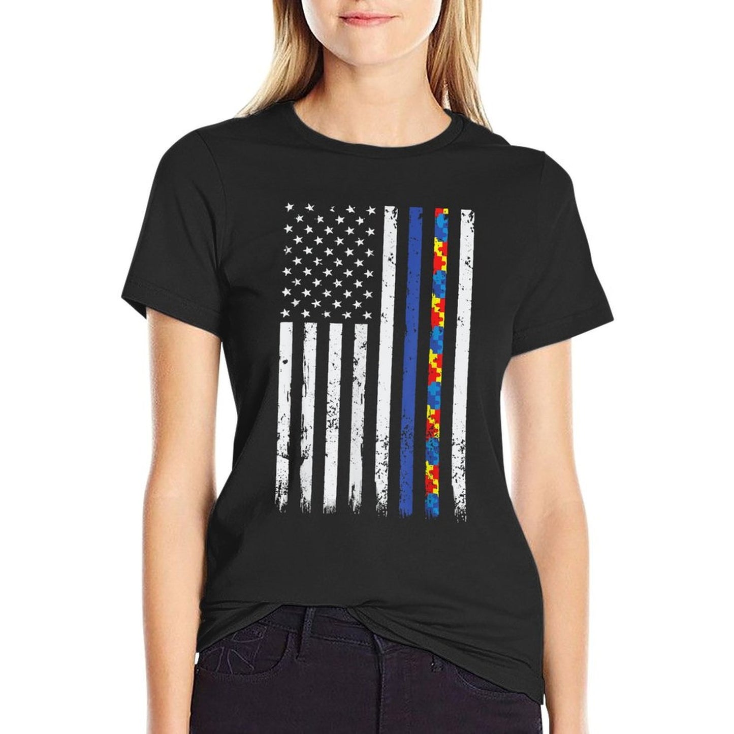 Thin Blue Line Police Support Autism 4th July Ribbed Collar T-Shirt