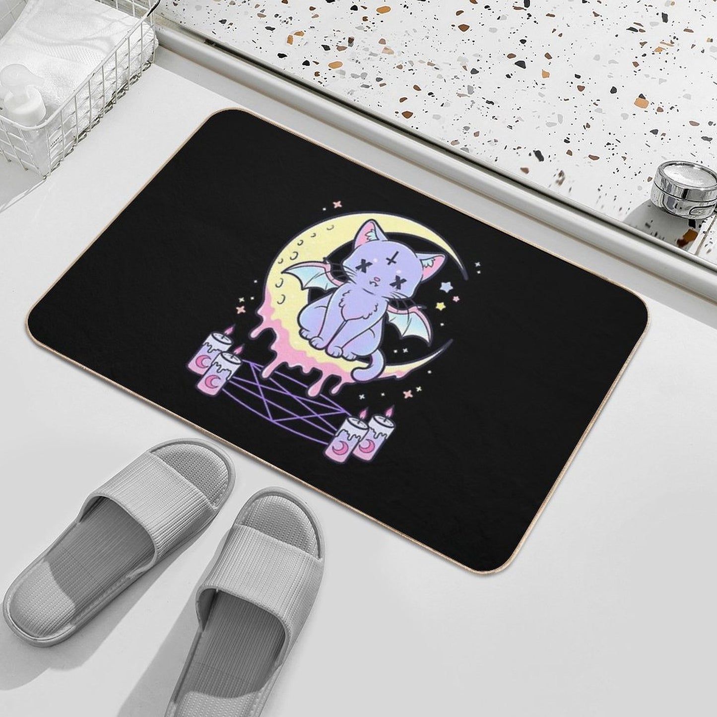 Kawaii Pastel Goth Cute Creepy Occult Cat Stain-Proof Bath Mat