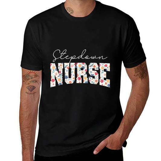 Retro Floral Stepdown Nurse Stepdown Unit CVICU CTICU Nurse  Rolled Sleeves T-Shirt