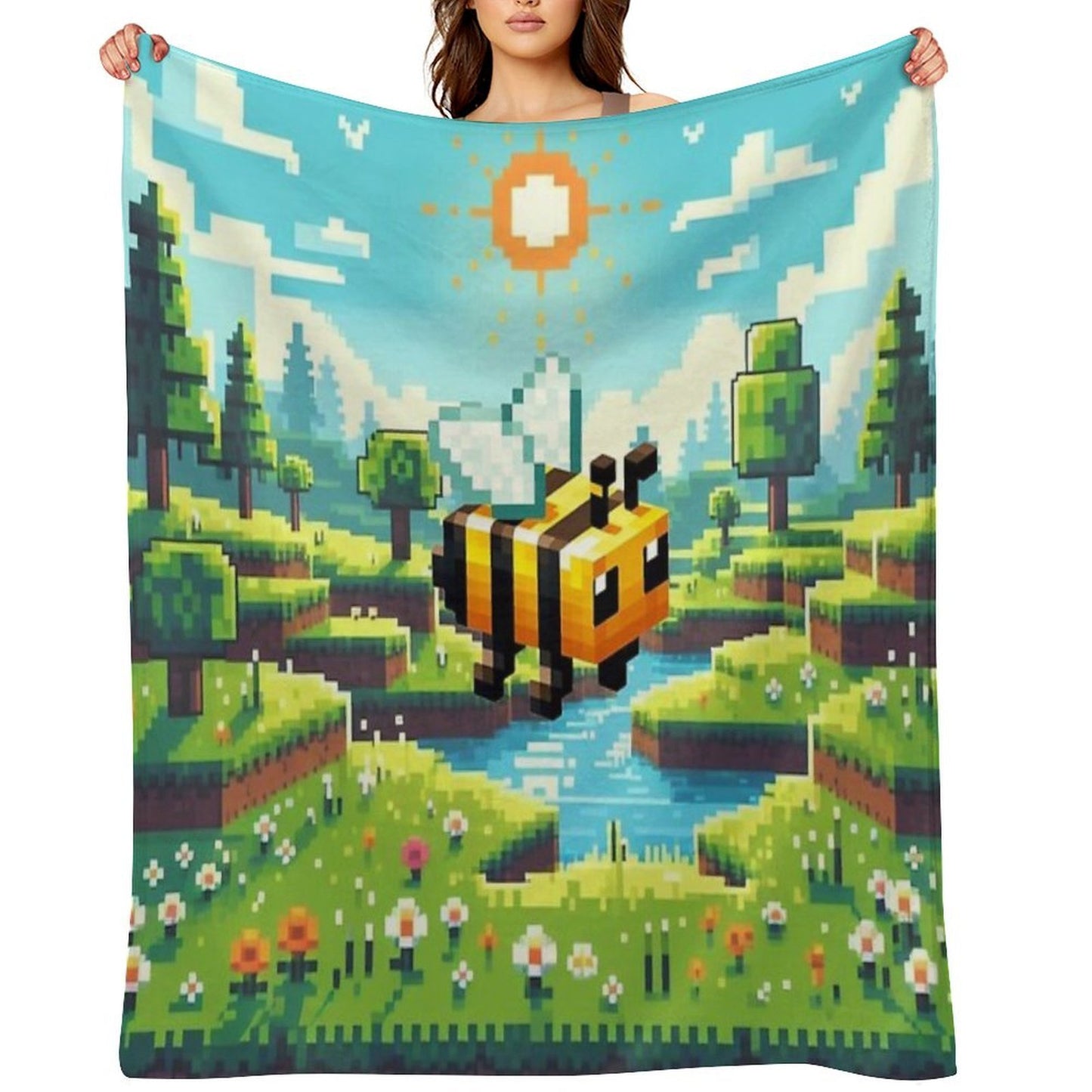 Pixelated Bee Design Anti-pilling Throw Blanket