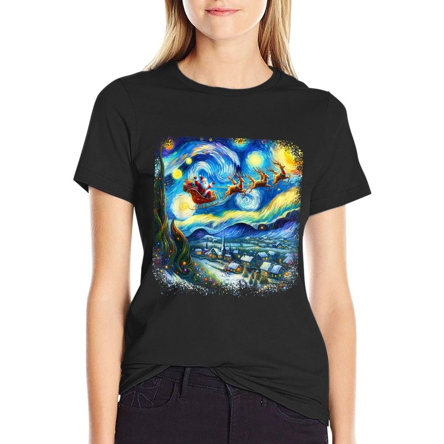 Van Gogh Starry Night Santa Christmas Winter Snowy Night Stretchy T-Shirt