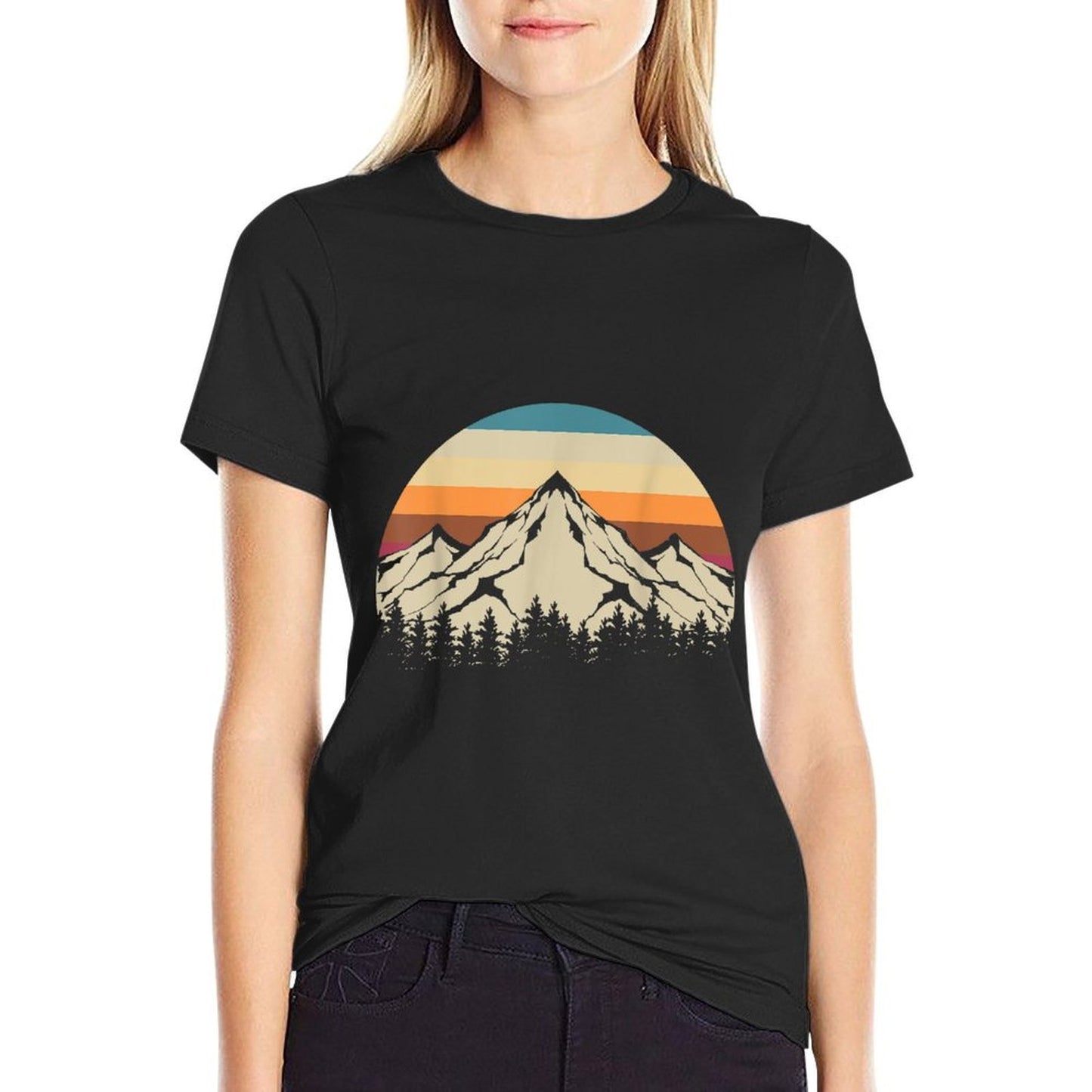 Retro Mountains Wildlife Hiking Outdoor Nature Trees Forest  Trendy Pattern T-Shirt