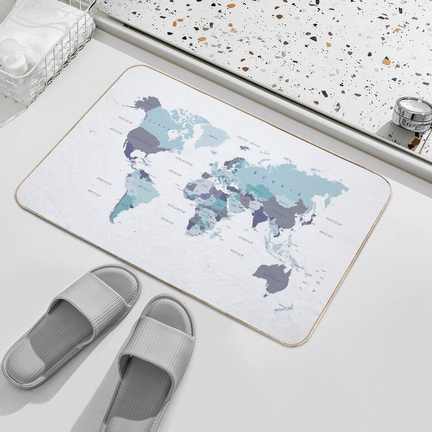 World Map in Blue Toxin-Free Bath Mat