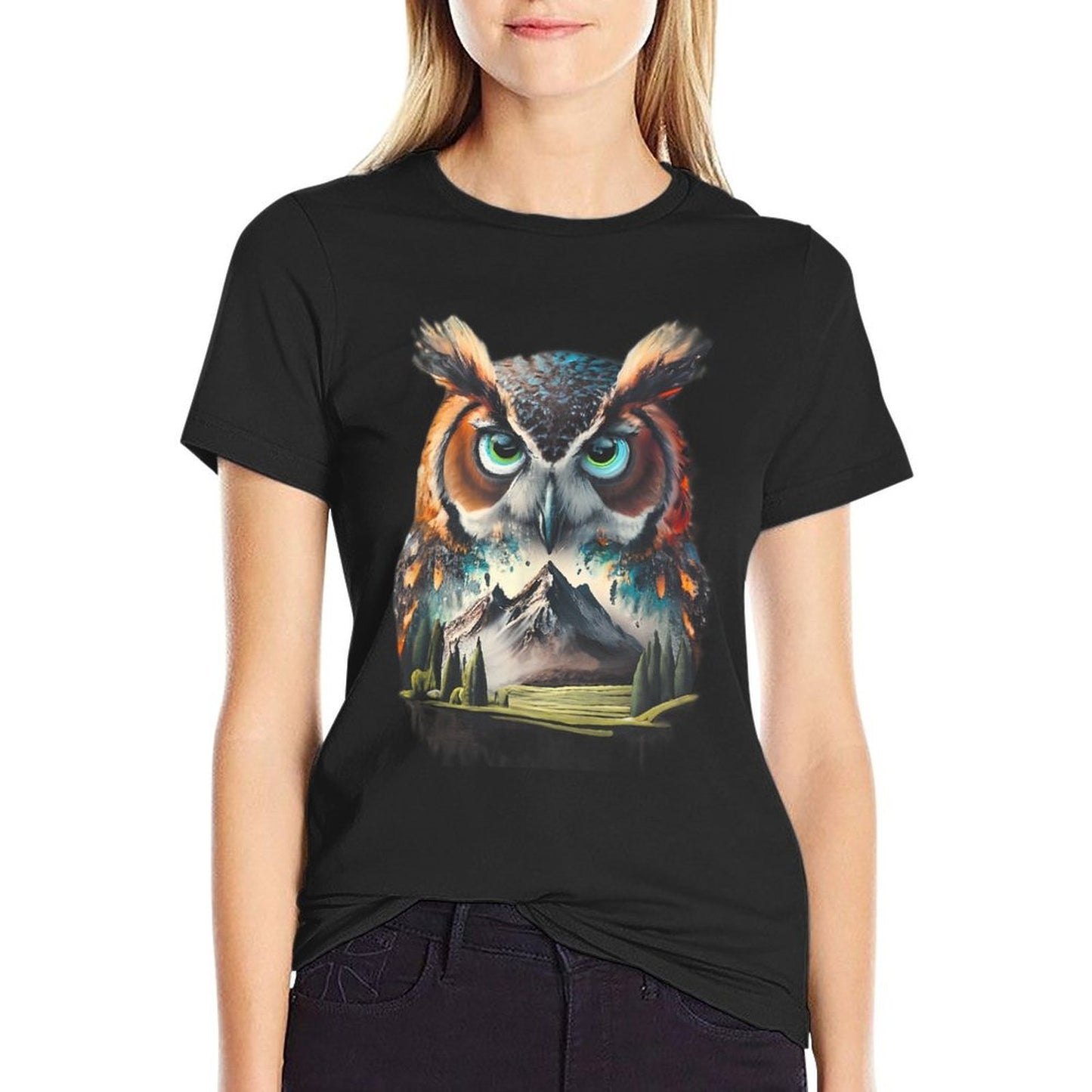 Abstract Owl Mountain Realistic Animal Nature Tagless Design T-Shirt