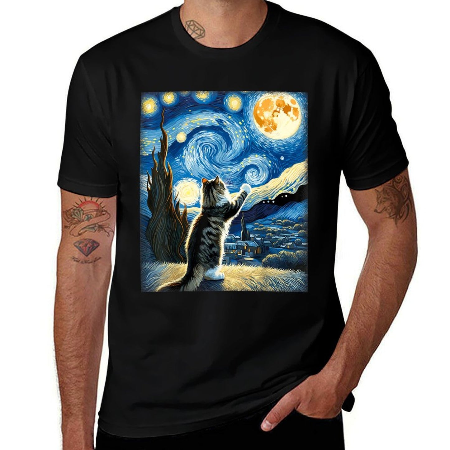Van Gogh Starry Night Style Artistic Norwegian Forest Cat Durable T-Shirt