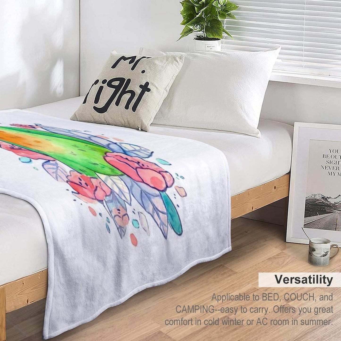 Flowery Lovebird Plush Throw Blanket