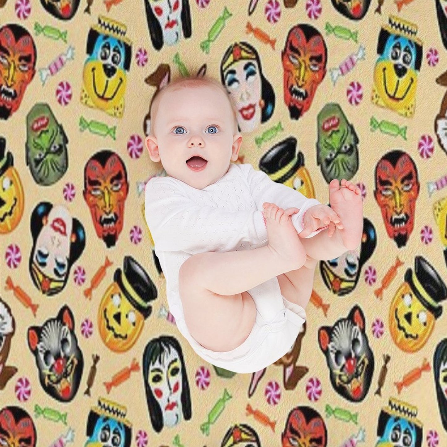 Vintage Halloween Masks And Hard Candy Sustainable Throw Blanket