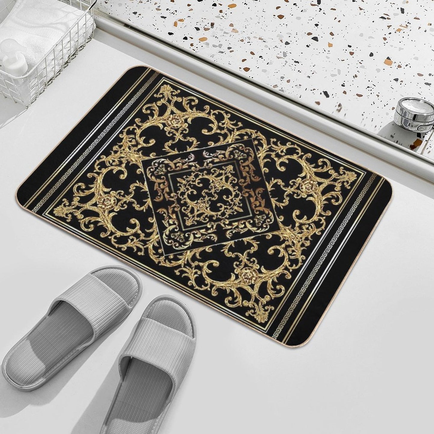 Greek Key Diamond Ornate Baroque Black Gold Absorbent Bath Mat