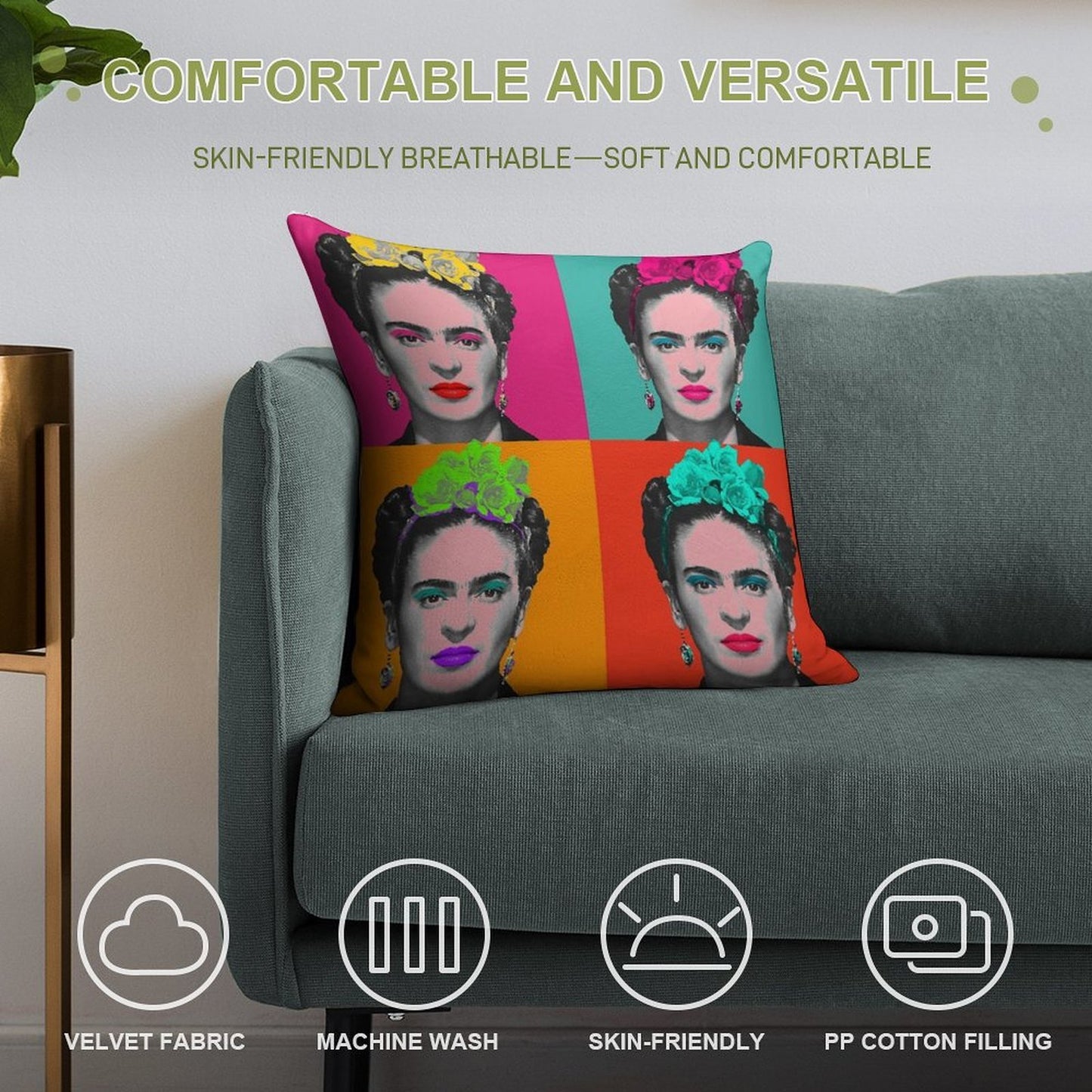 Frida Khalo Pop Portrait Like in Andy Warhol Paint! - Colorful - Digital Paint by Iona Art Digital Soft Luxury Feel Throw Pillow