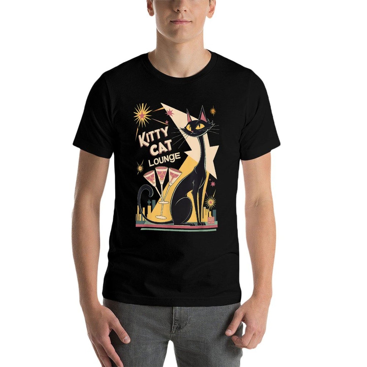 Retro Mid-Century Modern Cat And Cocktails Lounge Theme Fade-proof Color T-Shirt