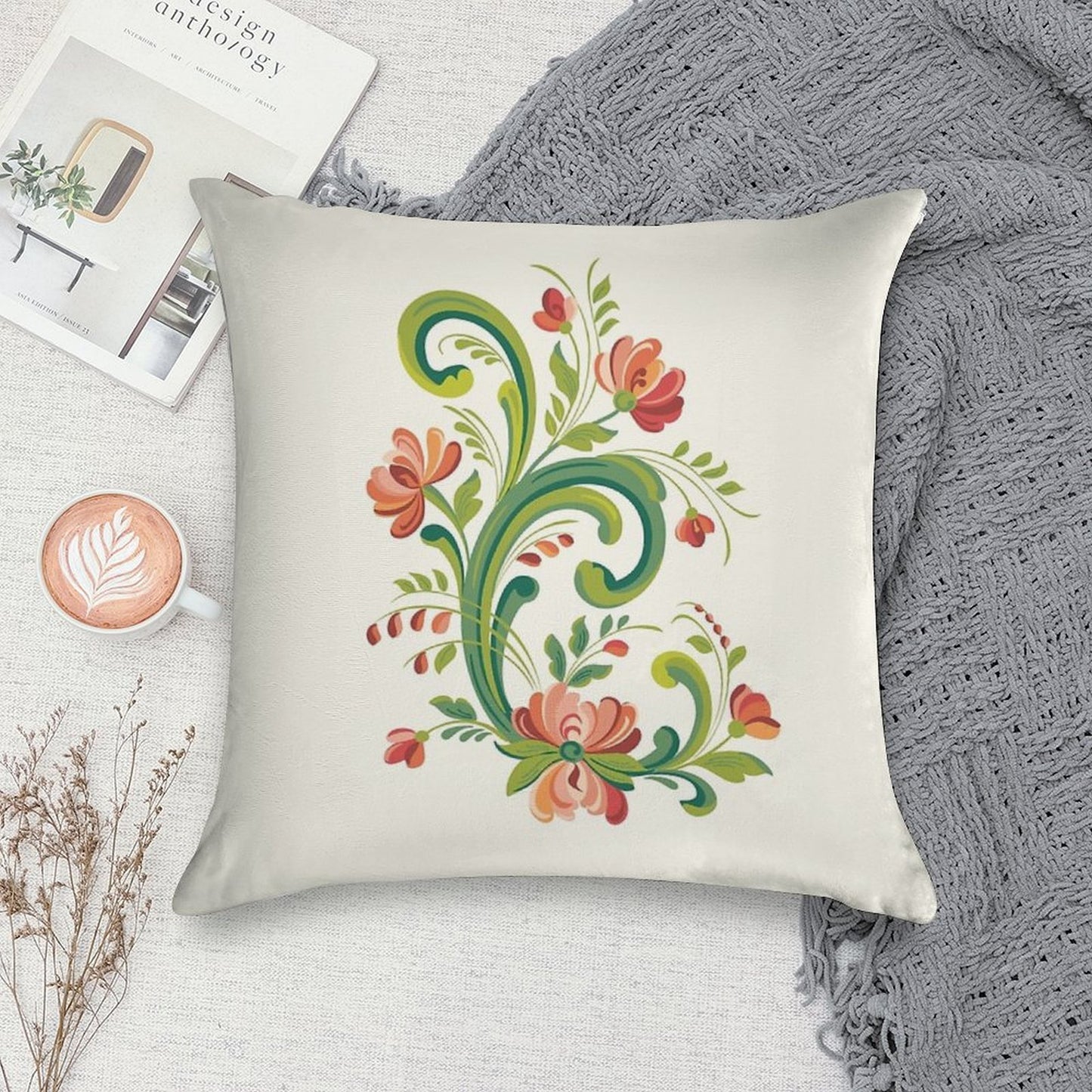 Rosemaling Red And Pink Soft Reinforced Edging Throw Pillow