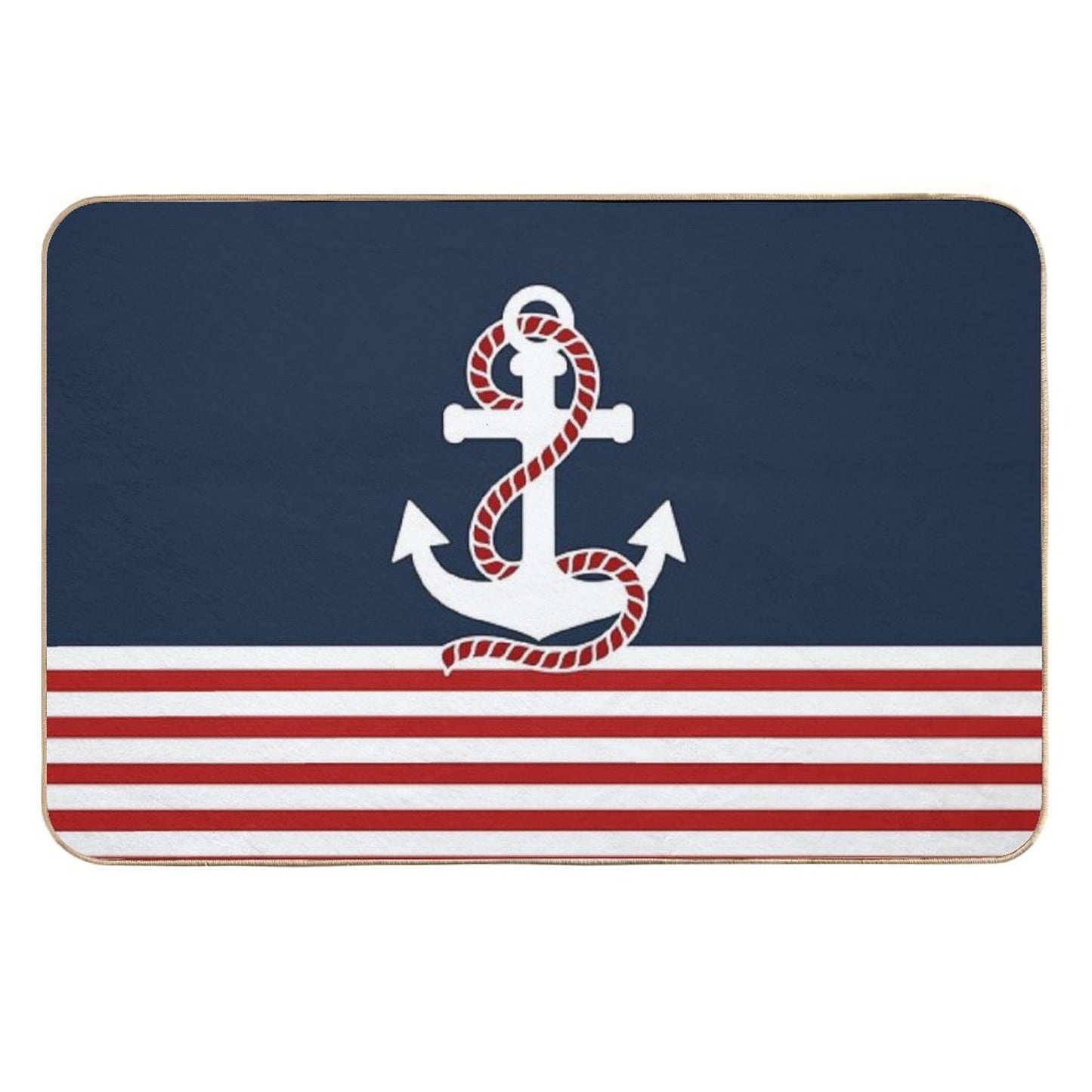 Nautical Red White Stripes And Red Anchor on Blue Background Odorless Bath Mat