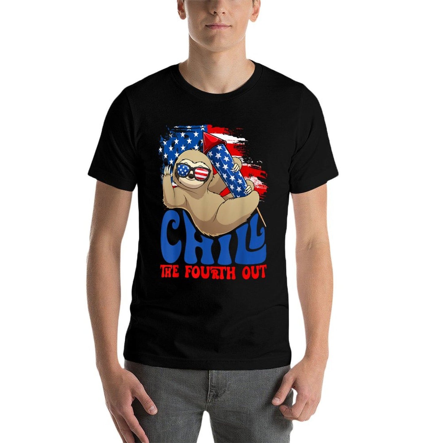 Chill The Fourth Out Sloth USA Independence 4th Of July Rolled Sleeves T-Shirt