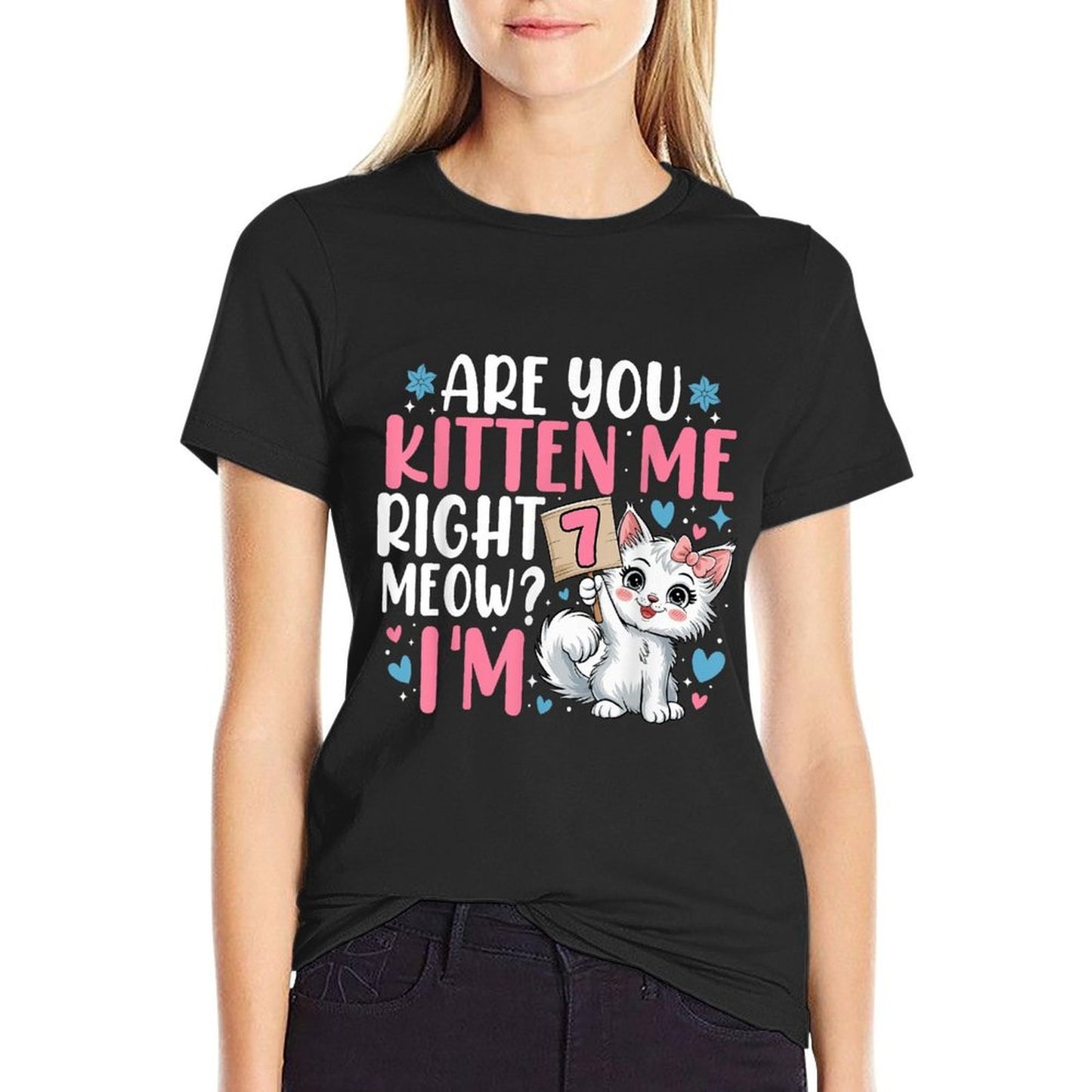 7th Birthday Girl 7yr Seven 7 Year Old Kitten Cat Bday Trendy Pattern T-Shirt